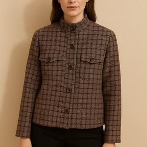 Chicos Blazer Coat Women Brn Tweed Plaid Button Band Collar Pocket Structure Sz3